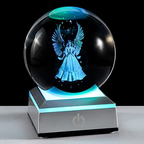 3D Guardian Angel Figurines K9 Crystal Ball with Silver LED Base Memorial Angel Gifts for Friends Women Glass Decor for Home (3.15 in.)