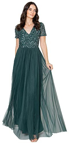 Maya Deluxe Abendkleid mit Pailletten Cocktailkleid Damen mit V-Ausschnitt Tüllkleid Smaragdgrün Größe 50