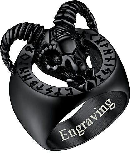 FaithHeart Herren Damen Siegelring in Größe 59 Ziegenkopf Ring Retro Fingerring Goat Skull Ring mit Gravur für Valentinstag Geburtstag