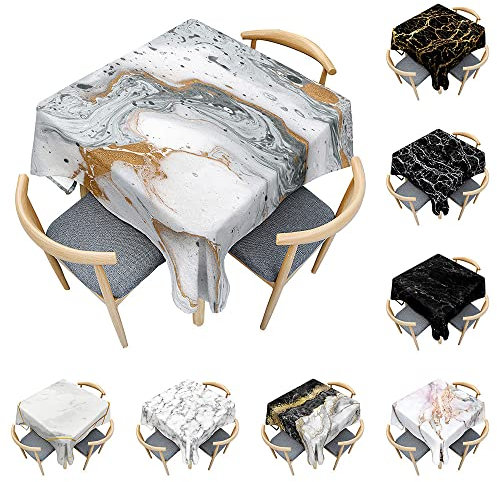 Odot Tischdecke Quadratisch Wasserdicht Polyester, Pflegeleicht Fleckschutz Abwaschbar 3D-Schwarz-Weiß-Marmor Rechteckig Tischdecke für Home Küche Couchtisch Dekoration (Vergoldet,90x90cm)