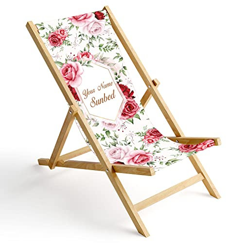 Ferocity Personalisierbarer Holz-Liegestuhl Klappbar Klappliegestuhl Sonnenliege Strandstuhl Wechselbezug Motiv Rote Rosen [119]