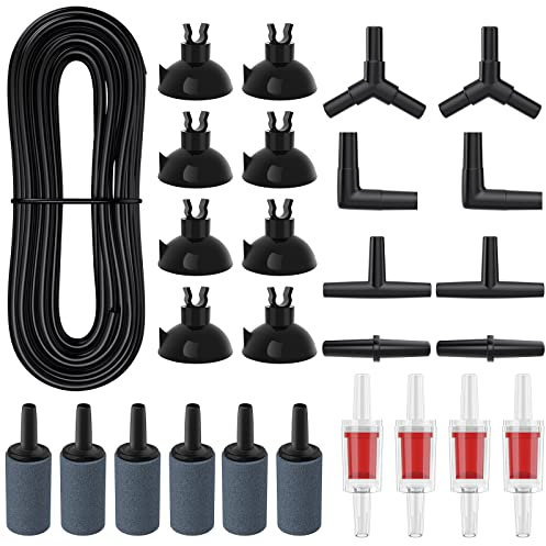 Pawfly Aquarium 7.5 M Black Airline Tubing Standard Air Pump Accessories Set with Air Stone Cylinders Connectors Suction Cups and Check Valves for Fish Tank Aeration Setup
