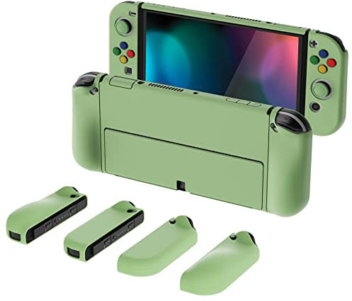 PlayVital AlterGrips Hülle für Nintendo Switch OLED, Joy Con Slim Case Hülle Schutzhülle Dockable Zubehör, Ergonomische Grip mit Thumbstick Caps&Tasten Kappen für Nintendo Switch OLED(Matcha Grün)