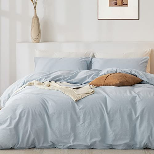 TIPTOE BEAR Queen Duvet Cover Set- 100% Washed Cotton 3 Pcs Soft Comfy Breathable Chic Linen Feel Bedding, 1 Duvet Cover and 2 Pillow Shams, Baby Blue