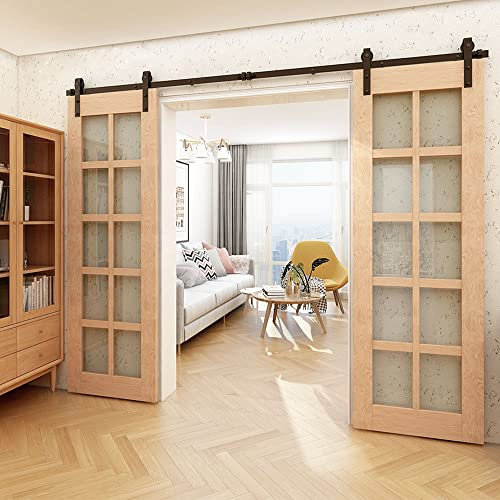 Rail Porte Coulissante Double 274cm Kit Roulette Suspendue Systeme Noir pour 2 Porte Coulissante Interieur 68cm Large, Petite Roue J-forme