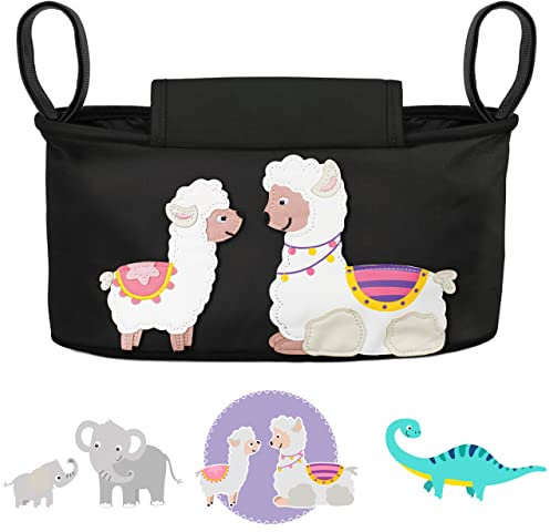 GLÜCKSWOLKE Kinderwagen Organizer - 12 Motive I Kinderwagentasche verschließbar I Kinder Buggy Tasche mit Feuchttuchspender I Baby Stroller Bag I Aufbewahrungstasche (Anni Alpaka I schwarz)