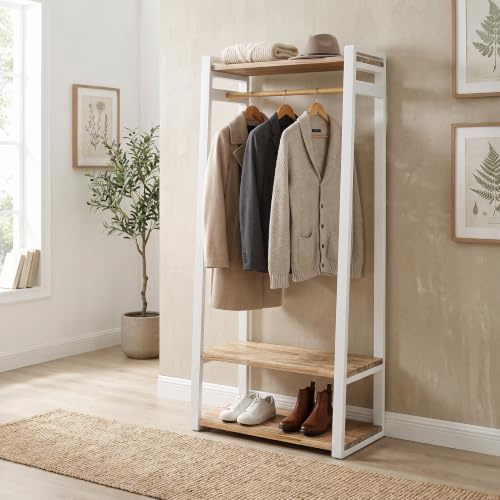 Statement Furniture Florence Open Wardrobe with Shelves & Rail – Luxury Wooden Clothes Rail Unit with Solid Acacia Shelves, Freestanding Open Closet Storage (White)