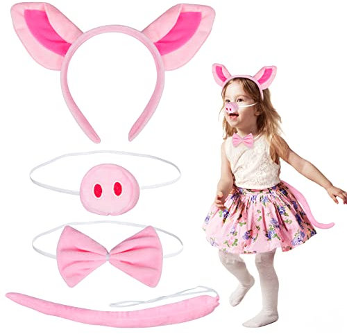 Fennoral 4tlg Schwein Ohren Stirnband Kinderkostüm Schweineohr mit Fliege Schweinenase Schwanz Ferkel Cosplay für Kindergeburtstag Karneval Halloween Fasching Party
