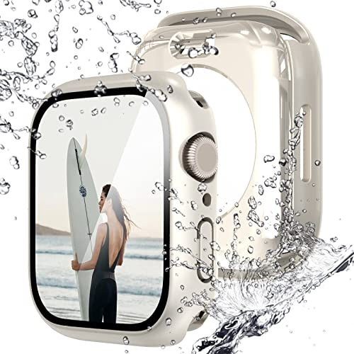 NewWays Protector de pantalla impermeable compatible con Apple Watch 41 mm Series 9 8 7 con vidrio templado iWatch, protección completa, carcasa de policarbonato duro, cubierta facial,