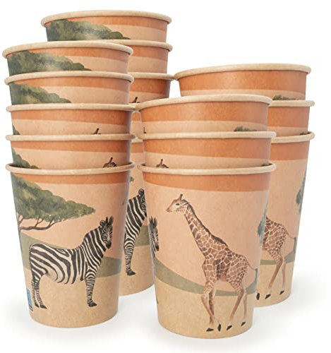 PARTY PARTY 16 Safari Partybecher 220 ml umweltfreundliches Kraftpapier, Dschungel Party Erwachsene, Zoo Pappbecher, Kindergeburtstag Junge Mädchen, Geburtstag für Heiß- und Kaltgetränke