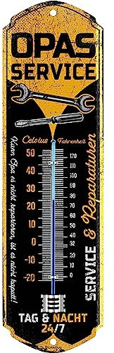 LANOLU Retro Blechschild OPAS SERVICE THERMOMETER Schild Werkstatt Opa Vatertagsgeschenk - lustige Werkstatt Deko mit Spruch - vintage Metallschild 8x28cm
