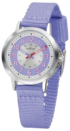Atrium Kinder Armbanduhr Mädchen Analog Quarz extra deutlich mit Nylonband Textilband Silberfarben Flieder A46-18