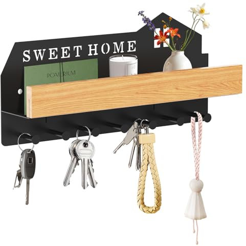 Schlüsselbrett mit Ablage Ohne Bohren, Multifunktionales Schlüsselboard/Schlüsselkasten Holz Modern, Schwarz Schlüssel Aufbewahrung mit 7 Schlüsselhaken, Schlüsselhalter für Wohnung Wand Flur Deko
