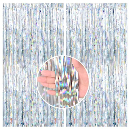 Lametta Vorhang Silber, 2 Stück Metallic Folie Fransen Lametta Vorhänge, Regenbogen Streamer Tinsel Curtain Photo Booth Backdrop für Geburtstag Babyparty Hochzeit Frozen Weihnachten Partydeko(1m x 2m)