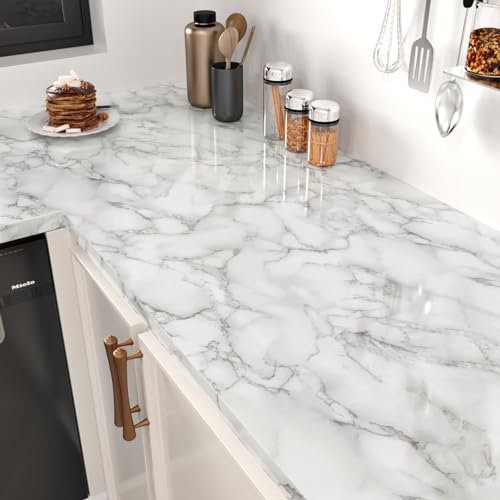 HotDecor Marmor Folie Abwaschbare Tapete Selbstklebend Klebefolie Weiß Grau für Möbel Wand Tapeten Arbeitsplatte Folie Küche Möbelfolie Weiß Dekofolie Selbstklebend Graue Klebefolie Möbel 60cm X 300cm
