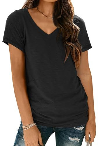 AirMood Women Sexy V Neck Casual Tee Tops Summer Short Sleeve Shirts Tshirt (Black,L)