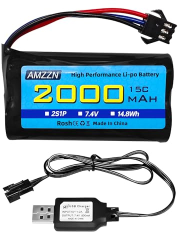 AMZZN 7,4V 2000mAh 15C 2S SM-3P Plug Lipo Batterie avec Chargeur USB pour DE43 DE60 9500E RC Voitures, modèles Voitures, camions, Huina 1575 RC Voiture d'ingénierie, RC Batteries de Voiture Jouet