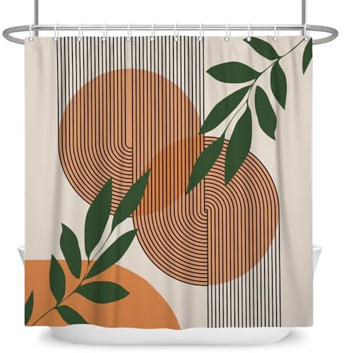 ASDCXZ Boho Duschvorhang 180x180 cm, Modern Abstrakt Orange Sonne Grün Blätter Bogen Beige Waschbar Duschvorhänge Polyester Textil Wasserdicht Anti-Schimmel Duschvorhang für Badewanne mit 12 Haken