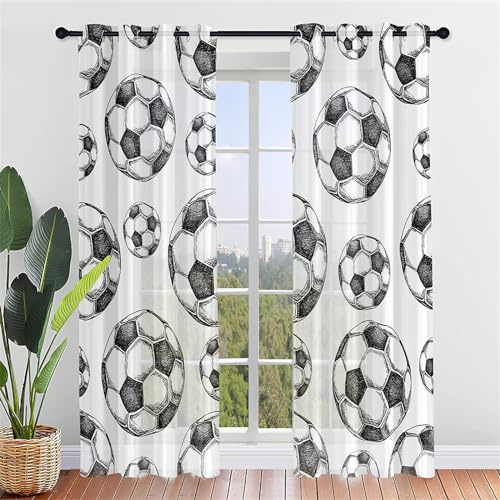Hiseng Voile Vorhänge mit Ösen 2er Set Scheibengardinen, Elegante Fußballdruck Durchsichtig Halbtransparent Ösenvorhang für Fenster Wohnzimmer Schlafzimmer Küche (80x115cm,Graffiti Fußball)