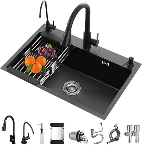 Fregadero de cocina negro, fregadero de cocina de acero inoxidable de un solo cuenco, fregadero de cocina empotrado/empotrable con juego de montaje de drenaje (80x45x22CM)