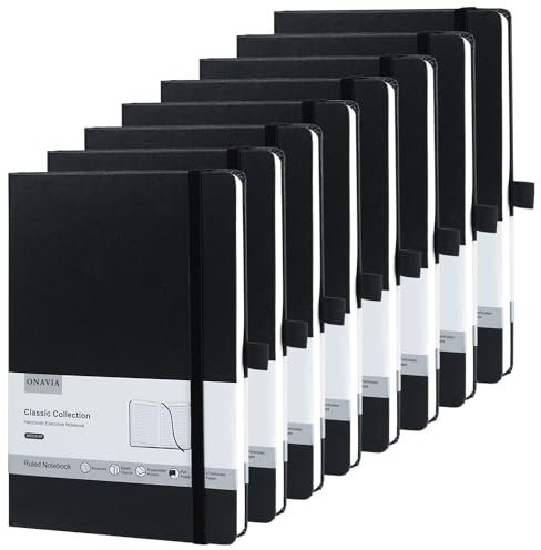 ONAVIA A5 Lined Notebook Hardback Journal, 160 Pages, 100GSM, 8 Pack Black | 5.8 x 8.3 Notepads, Leather Work Notebooks, 7 mm College Ruled, Lay Flat, Inner Pocket, School, Travel Journaling, Meeting