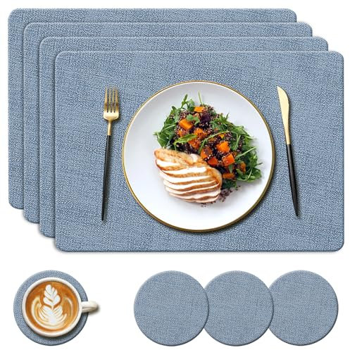 YUNJUER Washable Leather Place mats and Round Coasters Set, Heat Resistant 212 °F, Non-Slip and Waterproof, Easy to Clean for Kitchen, Restaurant, Hotel, Dining Room, 8 Pieces, 43x30cm, (Blue)