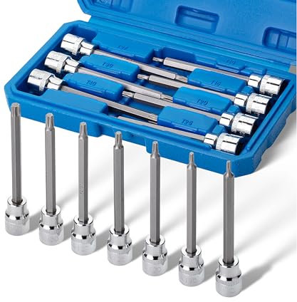 Bates- Extra Long Torx Bit Socket Set, 7 Pieces, 3/8 Drive T10-40, 4-3/8 Long Torx Socket Set 3/8 Drive