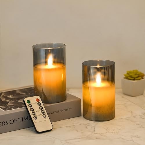Koelaa LED Flameless Candles, [2 Pack], Battery Candles, Grey Glass Flickering, Battery Operated Candle, Remote Control Candle for Christmas-7.5 * 15cm