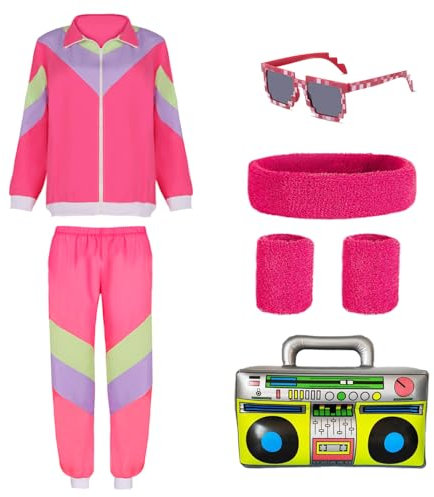 80er Retro Trainingsanzug Herren Damen,80er 90er Jahre Outfit Herren mit Sonnenbrille Halskette Schweißband, Faschingskostüme Damen Männer Partnerkostüme Erwachsene für Mottoparty Karneval (Rosa, S)