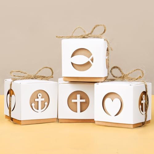 BETESSIN Gastgeschenk Kommunion Box 5x5x5cm - 50 Stück Konfirmation Geschenkbox mit christlichen Motiven - Taufe Geschenkschachtel Klein - Gastgeschenke Verpackung zur Hochzeit, Firmung uvm.