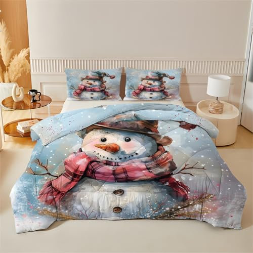 Schneemann Bettdecke 155x220, 4 Jahreszeiten Bettdecke 155x220, Waschbare Bettdecke ohne Bezug, Mikrofaser Winter Schneeflocke Steppdecke, Weiche Weihnachten Deko Ganzjahresdecke Schlafdecke, A21