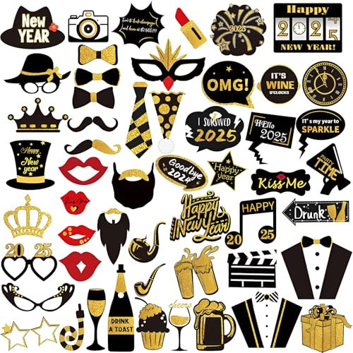 Scinzene Silvester Deko 2025, 60 Foto Requisiten Für Neujahr Silvesterdeko, Fotobox Accessoires, Party Dekoration Set Mit Photo Booth Props Fotoaccessoires Silvesterparty