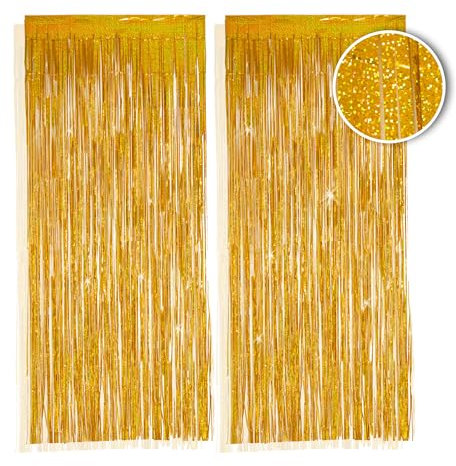 PHENO FLAGS 2 Stück Goldener Lametta Vorhang, 1x2,5m - Glitzernde Silvester-Deko im Funkelnden Metallic-Look, Lametta Girlande für Ihre Party