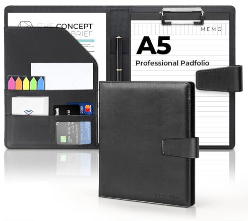 NOTEZMATE A5 Klemmbrett Schreibmappe Mit Magnetschluss, Portfolio Padfoliomit Papier und Stift, Ordner Klemmbrettmappe DIN-A5 aus PU-Leder, Dokumentenmappe Schwarz für Reisen, Büro & Meetings
