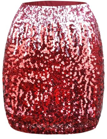 Kefiyis Jupe à paillettes pour femme - Taille élastique - Avec doublure - Pour carnaval, fête, rave, Rose/rouge, S