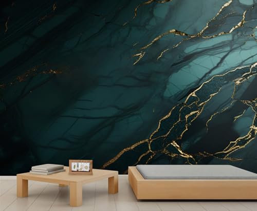 Deep Green Marble Murals, Modern Abstract Marble Wall Mural Wallpaper, Gold Foil Art Wallpaper for Bedroom Living Room Decor 250x175cm Artwork Background Wall Stickers (Not Self-Adhesive)