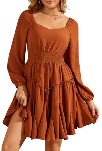 Beluring Kleid Damen Quadratischer Ausschnitt Minikleid High Waist Falten Swing Langarmkleid mit Rüschen Orange XXL