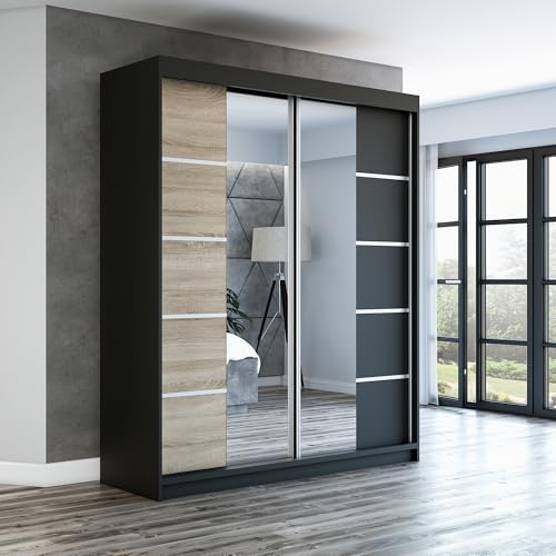 A&J MöbelLand Schwebetürenschrank ERA Kleiderschrank 2-türig mit Spiegel, Garderobe 160 cm (Schwarz/Sonoma/Schwarz)