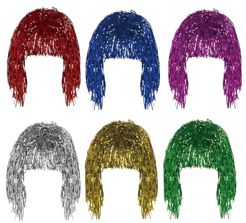 Lametta Perücken,6 Stück Bunte Folie Perücken für Karneval Fasching Silvester Party,Lustige Glänzende Kostüm-Perücke für Erwachsene,Fotobox Zubehör Themenparty Accessoire (6 Farben)