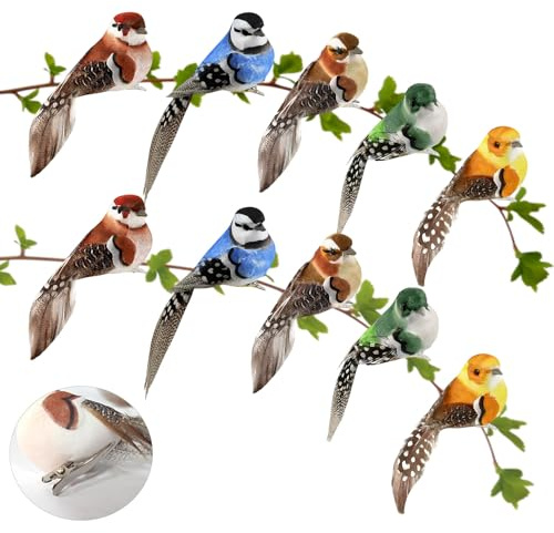 Deko Vögel mit Clip,10 Stück Deko Vögel,Mini Künstliche Federvögel,mit Stabiler Metallclip zum Befestigen,Dekovögel für Vogelnest Dekoration,Gartendeko,Baumschmuck,Party,Innen- und Außendekoration