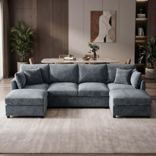 Kingfun Modulares Sofa Grau, U-Form Wohnlandschaft mit Relaxfunktion, individuell konfigurierbare L Form Ecksofa für Wohnzimmer & Schlafzimmer, Chenille Couch mit hochdichtem Schaum für Apartment