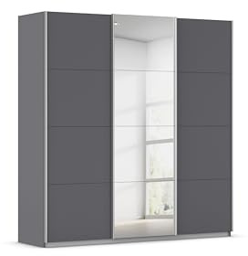 Rauch Möbel KULMBACH, Schwebetürenschrank, Grau metallic, Breite 203 cm | Kleiderschrank mit Schwebetüren, Schiebetüren, 3-türig, mit Spiegel, Zubehör Premium, Schlafzimmer, Jugendzimmer, Garderobe