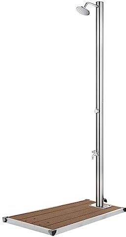 GeenYuu Doccia da giardino in acciaio inox con piastra di fondo marrone in WPC, altezza 220 cm, incluso rubinetto per il piede, adatta per piscine, idromassaggio, terrazza, esterni, estate, wellness e