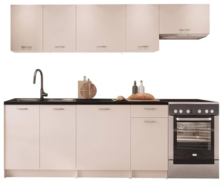 Mirjan24 Mela Küchenmöbel Set 180/240 cm mit Arbeitsplatte - Moderne Einbauküche in Creme/Beige, Hängeschränke & Unterschränke, 7 Schrank-Module (Cashmere/Schwarz, mit LED Beleuchtung)