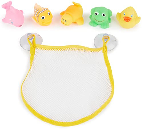 Bieco Badespielzeug Baby | 5er Set Wasserspielzeug Badewanne mit Netz | Badewannenspielzeug ab 1 Jahr | Buntes Tiere Spielzeug Badewanne für Babys | Badewannen Spielzeug Kinder | Baby Bath Toys