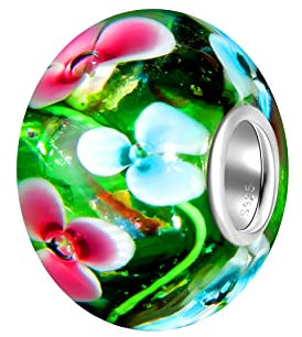 Andandete-Stones 925 Sterling Silber Glas Murano Bead Charm SEALIFE (Smaragdgrün mit rosa und blauen Blumen) Element Kugel für European Beads + Organzasäckchen