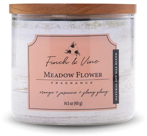 Colonial Candle 3-Docht im Glas mit Holzdeckel - Meadow Flower (411g) - Das Blumige Aroma für dein Zuhause - Duftkerze mit bis zu 60h Brenndauer - Sojawachsmischung
