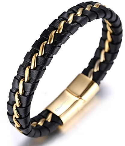Halukakah ● Ehre ● Herren-Armband Handgefertigt | Echtleder in Schwarz | Magnetverschluss Edelstahl Gold | mit Titan Kette in Gold | KOSTENLOS Geschenkbox | Tolle Geschenkidee | 21.5cm