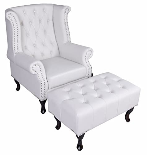 Chesterfield Ohrensessel mit Hocker Weiss Kaminsessel Lesesessel gepolster Fernsehsessel fha002 Palazzo Exklusiv