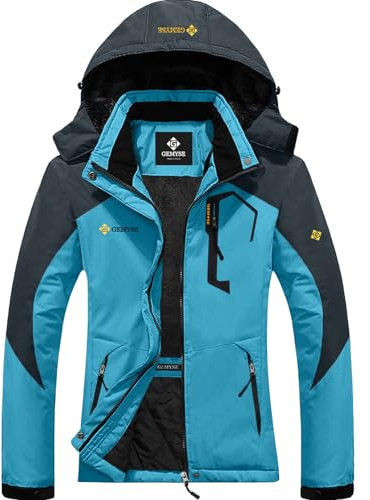 GEMYSE Damen Wasserdichte Berg-Skijacke Winddichte Skijacke Fleece Outdoor-Winterjacke mit Kapuze (Hellblau Grau,L)